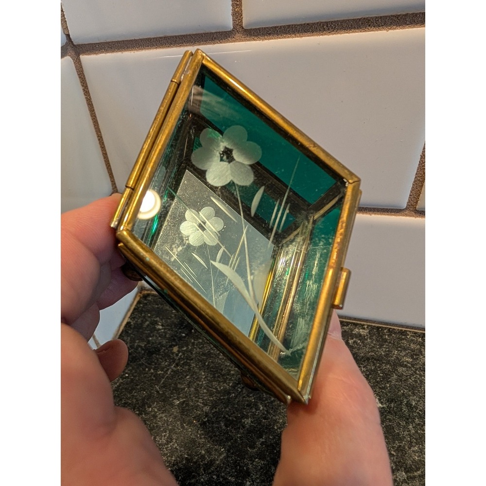 Vintage Mexican Brass Emerald Green Etched Glass Jewelry Trinket Box Mexico